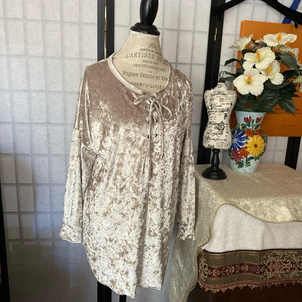 Hailey & Co. Women L Velvet LS Laceup Bust Top Blouse